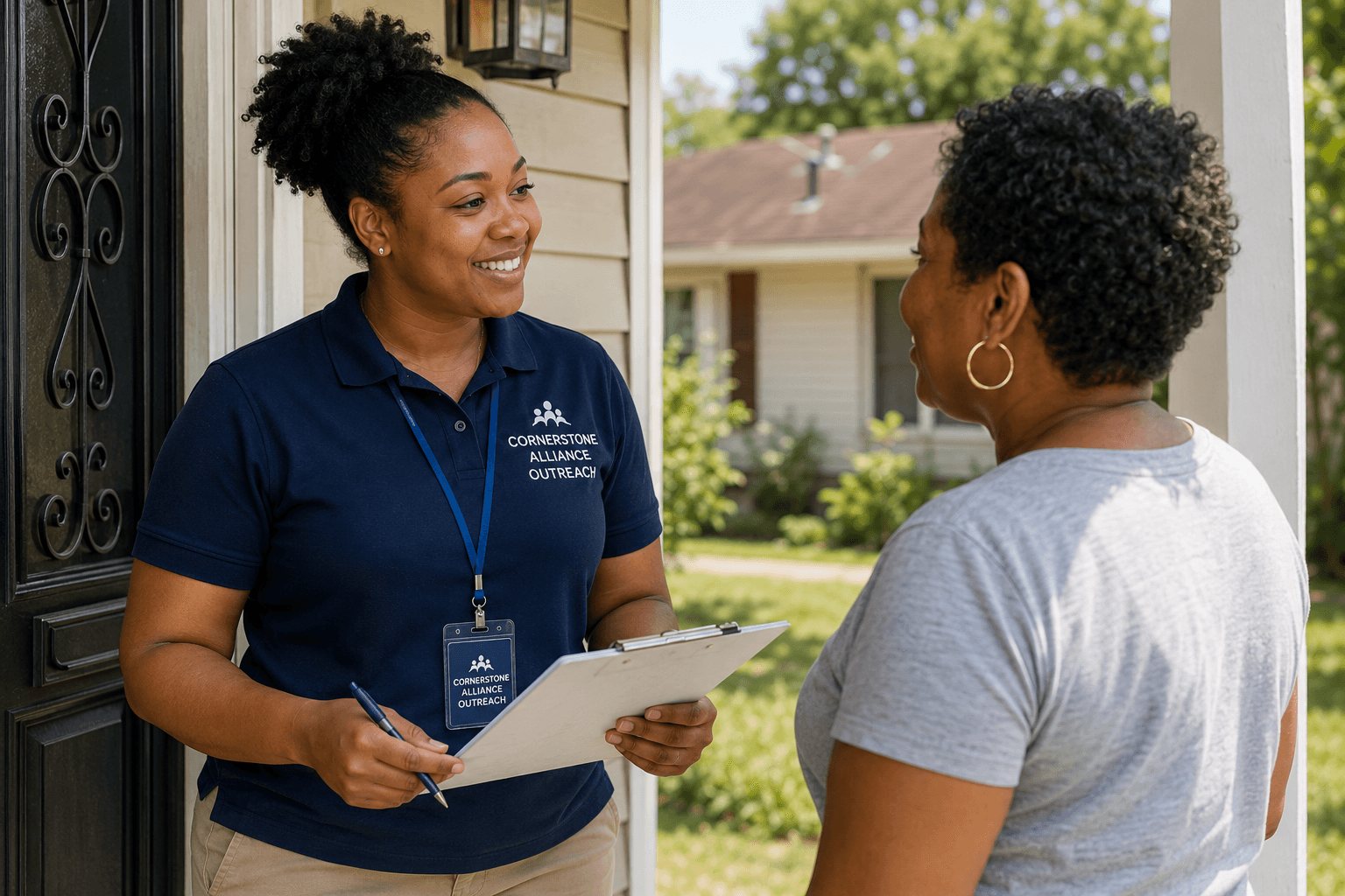 Outreach specialist speaking with a resident at their door